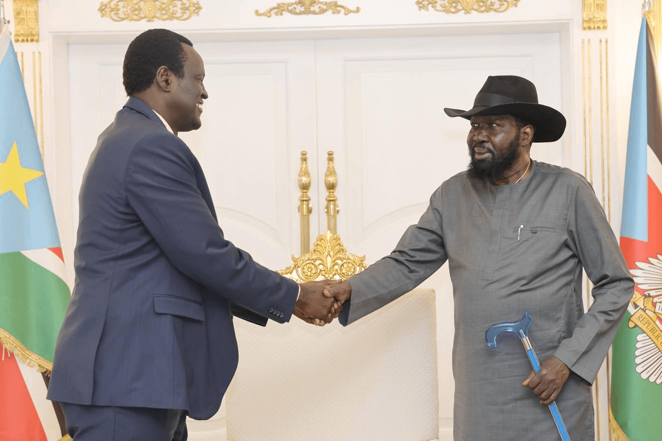President Salva Kiir greets Unity State Governor Riek Biem during a security, development briefing. [Photo: Courtesy]