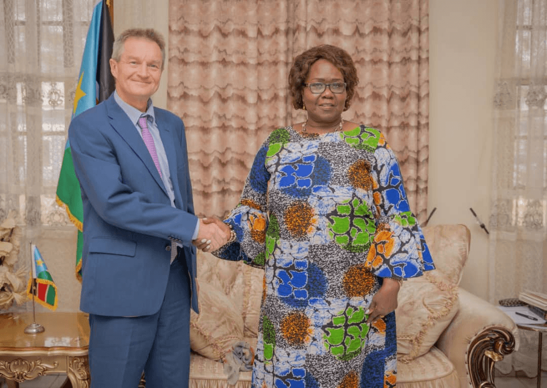 European Union Ambassador to South Sudan, Timo Olkkonen with Vice President for Service Delivery Cluster, Josephine Lagu. [Photo: Courtesy]